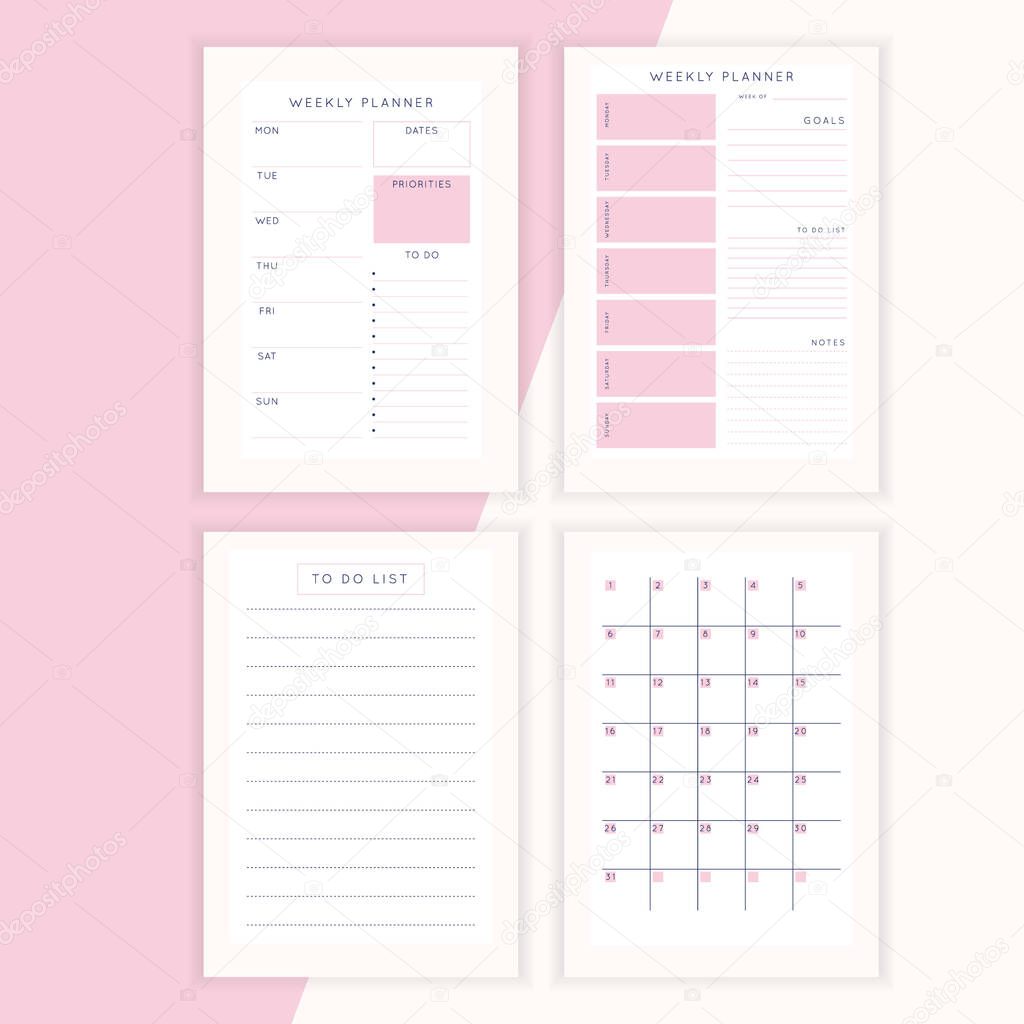 Set of minimalist abstract planners. Daily, weekly, monthly planner template. Blank printable vertical notebook page with space for notes and goals.