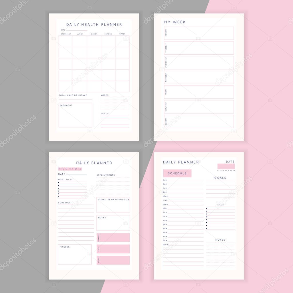 Set of minimalist abstract planners. Daily, weekly, monthly planner template. Blank printable vertical notebook page with space for notes and goals.