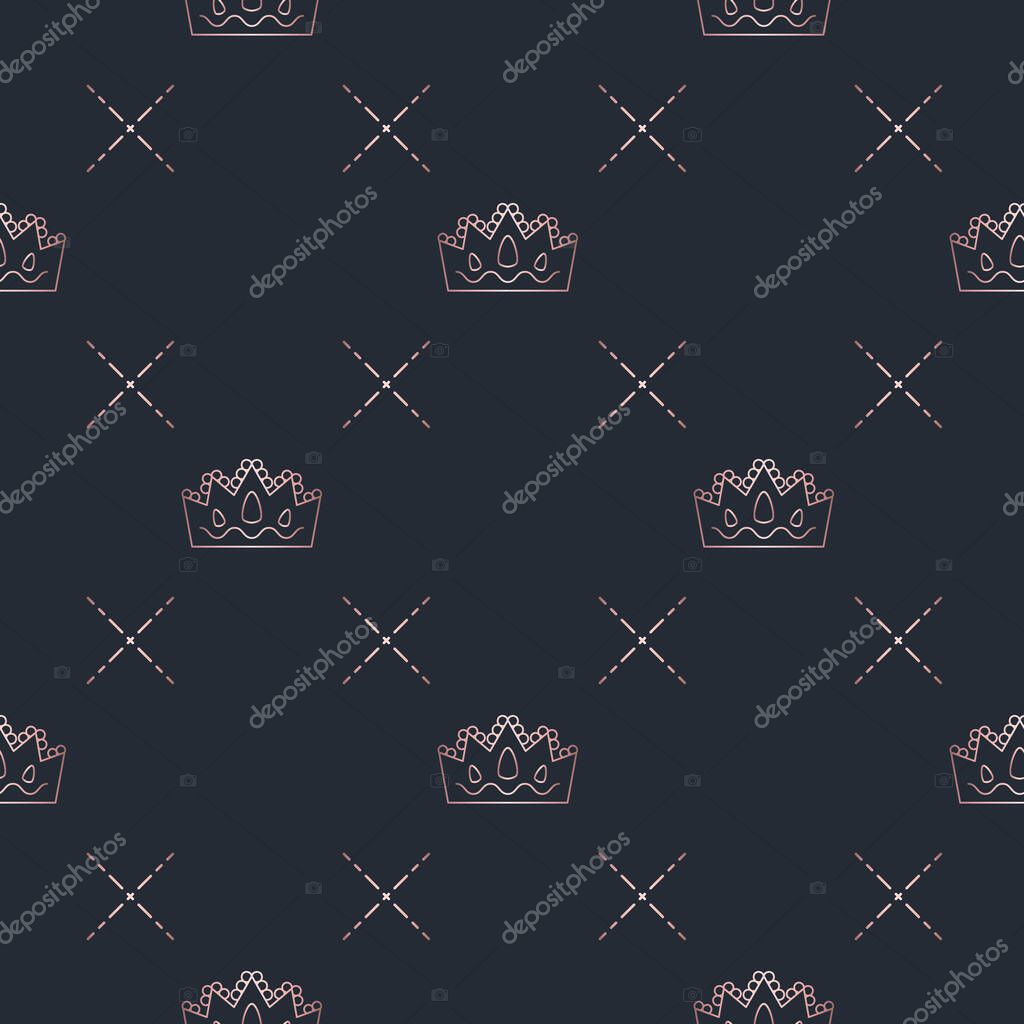 Golden crown seamless vector pattern. Geometric gold outline symbol of royalty. Vintage King and Queen logo Background.