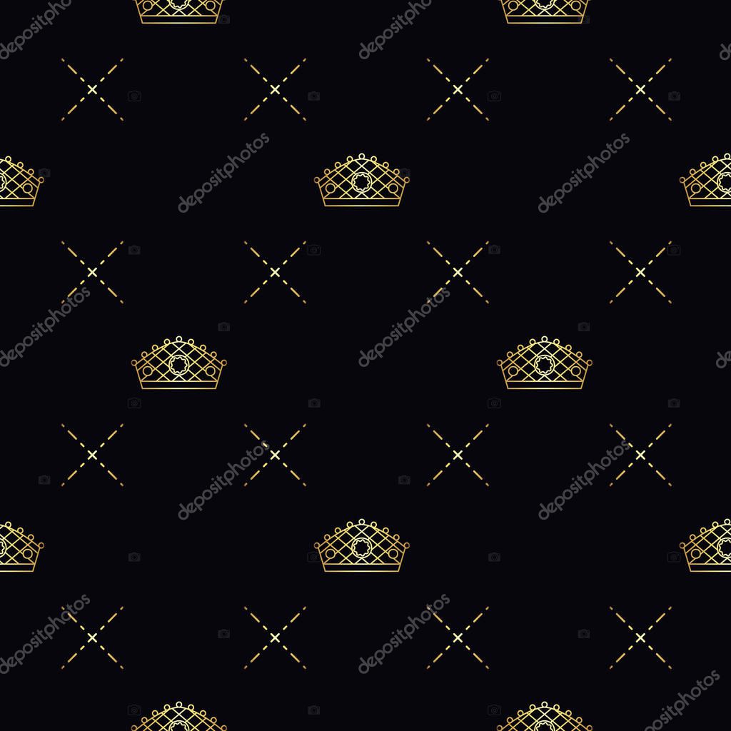 Golden crown seamless vector pattern. Geometric gold outline symbol of royalty. Vintage King and Queen logo Background.