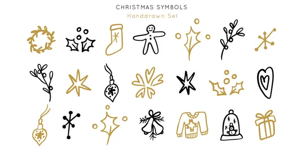 クリスマスの手のドアの装飾を描いた 休日ベクトルセットのシンボル グリーティングカード バナーのイラスト — ストックベクタ