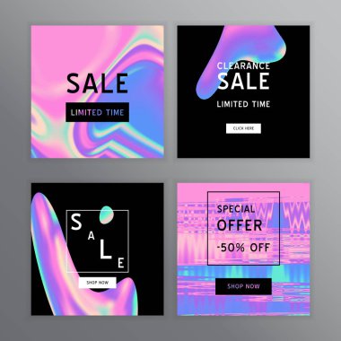 Sosyal medya için vektör yansıtıcı holografik sıvı dokusu. Markalı mürekkep tripi görüntüsü. Sentetik dalga / retrodalga / vapor neon estetiği. Mavi\ pembe\ mor