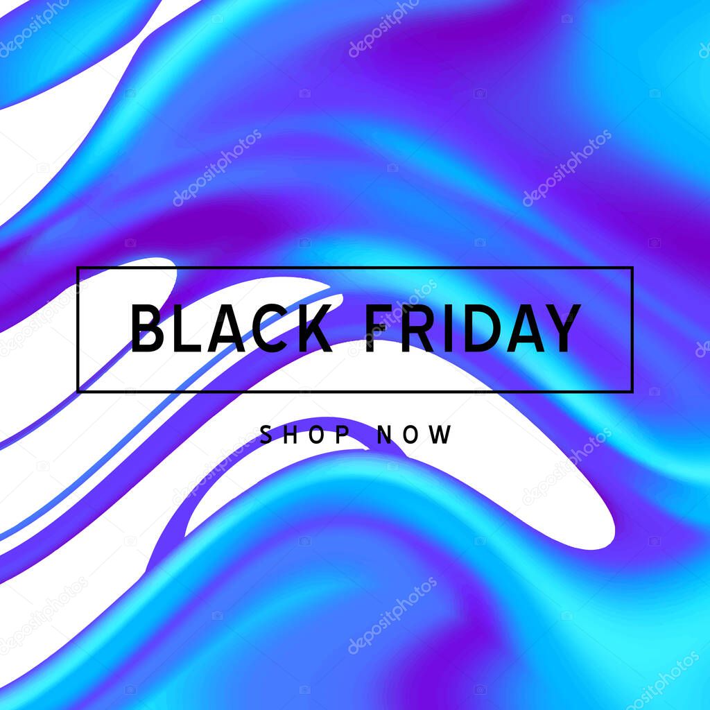 Vector Iridescent holographic fluid texture in vibrant gradient colors.Sale banner template for social media.Marbled ink Trippy image.Synthwave/retrowave/vaporwave neon aesthetics.Blue,black,purple,white
