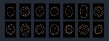 Vektör modern Rose Gold düğün davetiyesi şablonları. Art Deco geometrik elmas çerçeveler. Polygon lüks klas tasarım arka planı. Pembe broşür, broşür, kapak, poster, kart, logo, ticari kimlik tarzı..