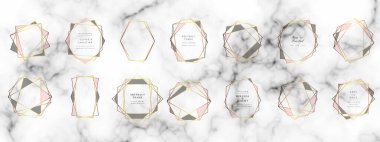 Geometrik Gül Gri Altın çerçeve seti. Vektör modern pembe lüks elmas plygon şekilleri. Art Deco üçgeni parti deseni.