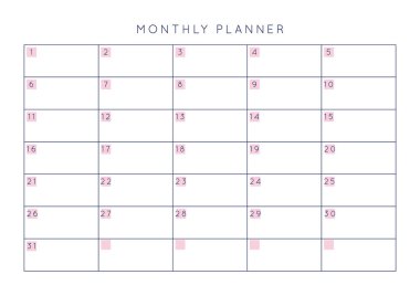 Vektör minimalist soyut planlamacı. Pastel pembe gül renkleri ile modern kadın organizatörü. Günlük, haftalık, aylık planlama şablonu. Boş yazdırılabilir yatay not defteri sayfası. Kağıt sayfa numarası A4.