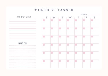 Vektör minimalist soyut planlamacı. Pastel pembe gül renkleri ile modern kadın organizatörü. Günlük, haftalık, aylık planlama şablonu. Boş yazdırılabilir yatay not defteri sayfası. Kağıt sayfa numarası A4.
