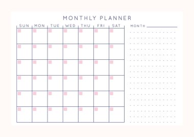 Vektör minimalist soyut planlamacı. Pastel pembe gül renkleri ile modern kadın organizatörü. Günlük, haftalık, aylık planlama şablonu. Boş yazdırılabilir yatay not defteri sayfası. Kağıt sayfa numarası A4.