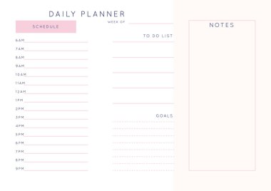 Vektör minimalist soyut planlamacı. Pastel pembe gül renkleri ile modern kadın organizatörü. Günlük, haftalık, aylık planlama şablonu. Boş yazdırılabilir yatay not defteri sayfası. Kağıt sayfa numarası A4.