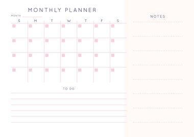 Vektör minimalist soyut planlamacı. Pastel pembe gül renkleri ile modern kadın organizatörü. Günlük, haftalık, aylık planlama şablonu. Boş yazdırılabilir yatay not defteri sayfası. Kağıt sayfa numarası A4.