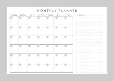 Vektör tek renkli minimalist soyut planlamacı. Günlük, haftalık, aylık planlama şablonu. Not ve hedefler için boş basılabilir yatay defter sayfası. İş düzenleyici. Kağıt tabaka boyutu A4.