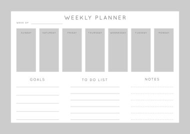 Vektör tek renkli minimalist soyut planlamacı. Günlük, haftalık, aylık planlama şablonu. Not ve hedefler için boş basılabilir yatay defter sayfası. İş düzenleyici. Kağıt tabaka boyutu A4.