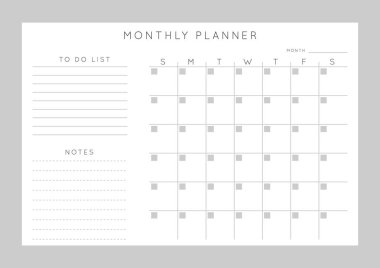 Vektör tek renkli minimalist soyut planlamacı. Günlük, haftalık, aylık planlama şablonu. Not ve hedefler için boş basılabilir yatay defter sayfası. İş düzenleyici. Kağıt tabaka boyutu A4.