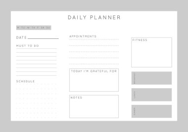 Vektör tek renkli minimalist soyut planlamacı. Günlük, haftalık, aylık planlama şablonu. Not ve hedefler için boş basılabilir yatay defter sayfası. İş düzenleyici. Kağıt tabaka boyutu A4.