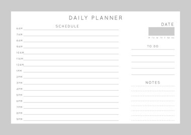 Vektör tek renkli minimalist soyut planlamacı. Günlük, haftalık, aylık planlama şablonu. Not ve hedefler için boş basılabilir yatay defter sayfası. İş düzenleyici. Kağıt tabaka boyutu A4.