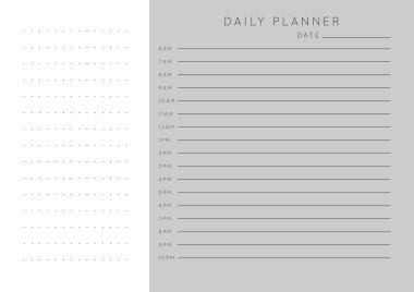 Vektör tek renkli minimalist soyut planlamacı. Günlük, haftalık, aylık planlama şablonu. Not ve hedefler için boş basılabilir yatay defter sayfası. İş düzenleyici. Kağıt tabaka boyutu A4.