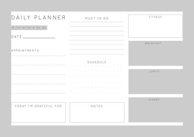 Vektör tek renkli minimalist soyut planlamacı. Günlük, haftalık, aylık planlama şablonu. Not ve hedefler için boş basılabilir yatay defter sayfası. İş düzenleyici. Kağıt tabaka boyutu A4.