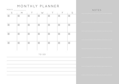 Vektör tek renkli minimalist soyut planlamacı. Günlük, haftalık, aylık planlama şablonu. Not ve hedefler için boş basılabilir yatay defter sayfası. İş düzenleyici. Kağıt tabaka boyutu A4.