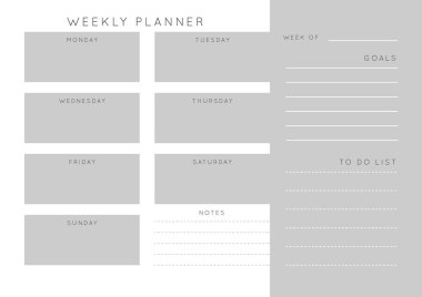 Vektör tek renkli minimalist soyut planlamacı. Günlük, haftalık, aylık planlama şablonu. Not ve hedefler için boş basılabilir yatay defter sayfası. İş düzenleyici. Kağıt tabaka boyutu A4.