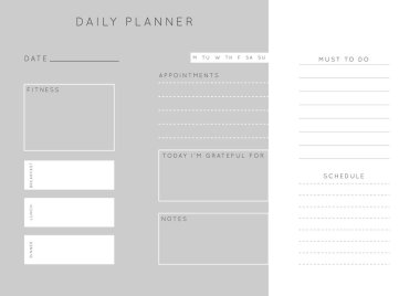 Vektör tek renkli minimalist soyut planlamacı. Günlük, haftalık, aylık planlama şablonu. Not ve hedefler için boş basılabilir yatay defter sayfası. İş düzenleyici. Kağıt tabaka boyutu A4.