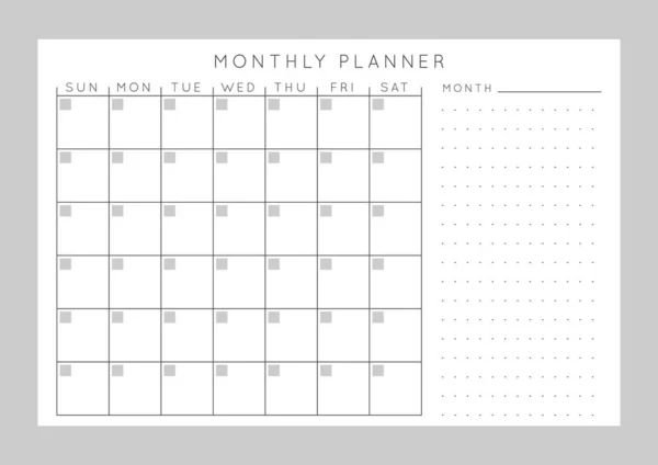Planejador Abstrato Minimalista Monocromático Vetor Modelo Planejador Diário Semanal Mensal —  Vetores de Stock