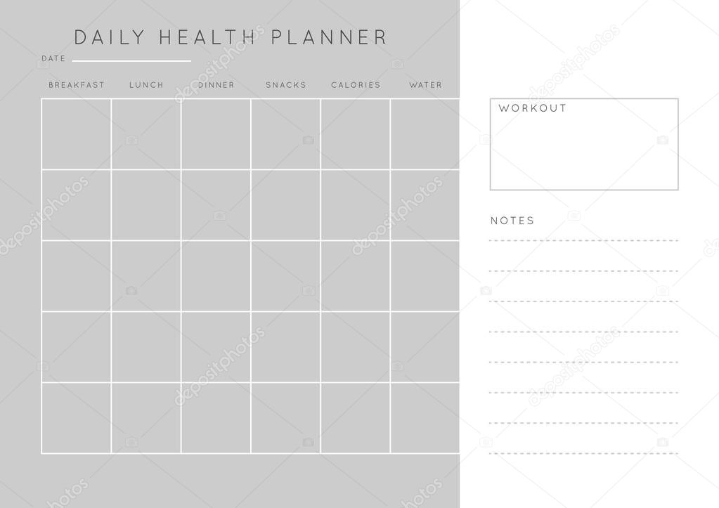 Vector monochrome minimalist abstract planner.Daily, weekly, monthly planner template.Blank printable horizontal notebook page with space for notes and goals.Business organizer.Paper sheet size A4.