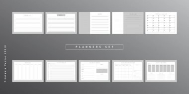 Bir grup minimalist soyut planlamacı. Günlük, haftalık, aylık planlama şablonu. Boş yazdırılabilir dikey ve yatay defter sayfası notlar ve hedefler için boşluk.