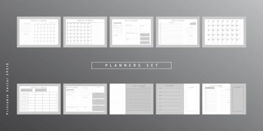 Bir grup minimalist soyut planlamacı. Günlük, haftalık, aylık planlama şablonu. Boş yazdırılabilir dikey ve yatay defter sayfası notlar ve hedefler için boşluk.