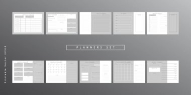 Bir grup minimalist soyut planlamacı. Günlük, haftalık, aylık planlama şablonu. Boş yazdırılabilir dikey ve yatay defter sayfası notlar ve hedefler için boşluk.