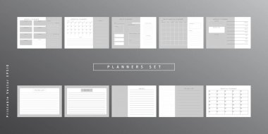 Bir grup minimalist soyut planlamacı. Günlük, haftalık, aylık planlama şablonu. Boş yazdırılabilir dikey ve yatay defter sayfası notlar ve hedefler için boşluk.