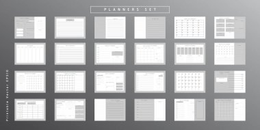Bir grup minimalist soyut planlamacı. Günlük, haftalık, aylık planlama şablonu. Boş yazdırılabilir dikey ve yatay defter sayfası notlar ve hedefler için boşluk.