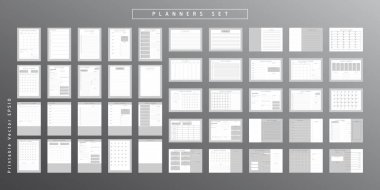 Bir grup minimalist soyut planlamacı. Günlük, haftalık, aylık planlama şablonu. Boş yazdırılabilir dikey ve yatay defter sayfası notlar ve hedefler için boşluk.