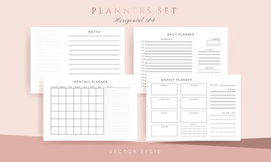 Bir grup minimalist soyut planlamacı. Günlük, haftalık, aylık planlama şablonu. Boş yazdırılabilir yatay defter sayfası notlar ve hedefler için boşluk.