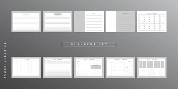 一组简约的抽象规划者 每月计划模板 空白可打印的垂直和水平的笔记本页 带有备注和目标空间 — 图库矢量图片
