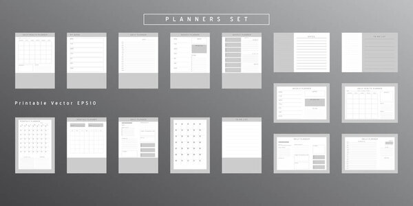 Набор минималистских абстрактных планировщиков. Ежедневный, еженедельный, месячный шаблон. Чистая страница для вертикальной и горизонтальной печати ноутбука с местом для заметок и целей.