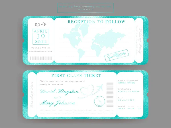 Destination Wedding Passport Turquoise Golden Foil Invitation Vector Set Boarding — Stock Vector