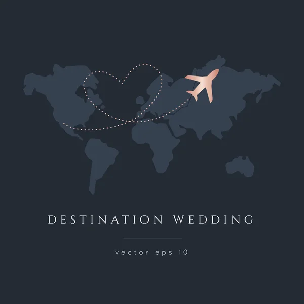 World Map Destination Wedding Vintage Invitation Overlay Airplane Flying World — Stock Vector