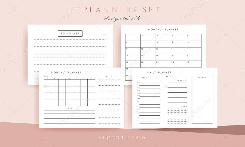 Set of minimalist abstract planners. Daily, weekly, monthly planner template. Blank printable horizontal notebook page with space for notes and goals.