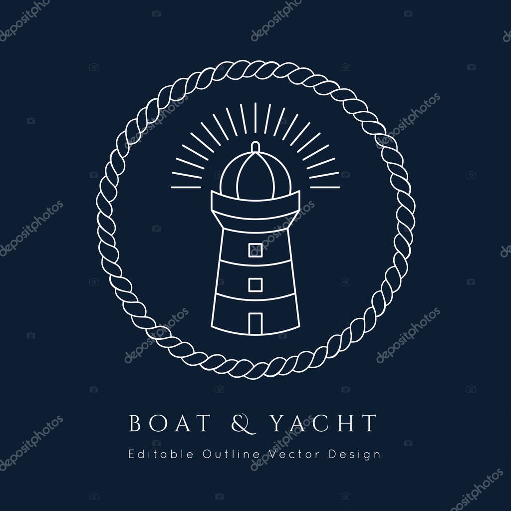 Lighthouse Nautical vector icon. white on navy blue.Sea and ocean design.Template for logo or branding.Sailor cruise, yacht club, business identity, menu, card design.Editable line