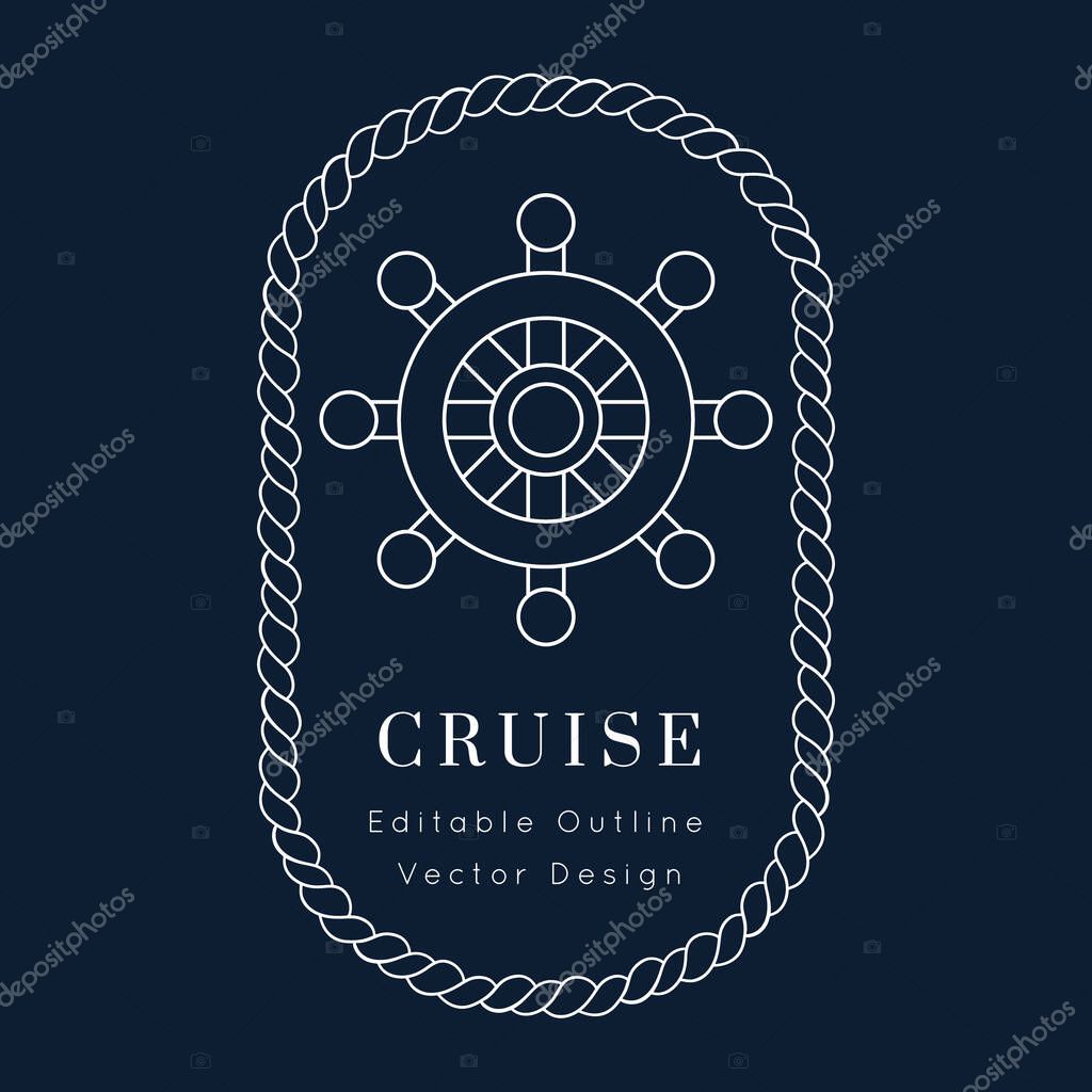 Steering Wheel Nautical vector icon. white on navy blue.Sea and ocean design.Template for logo or branding.Sailor cruise, yacht club, business identity, menu, card design.Editable line