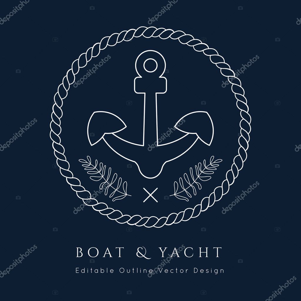 Anchor Nautical vector icon. white on navy blue.Sea and ocean design.Template for logo or branding.Sailor cruise, yacht club, business identity, menu, card design.Editable line