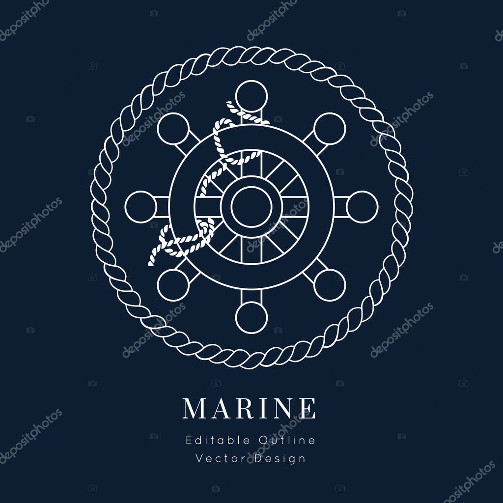 Steering Wheel Nautical vector icon. white on navy blue.Sea and ocean design.Template for logo or branding.Sailor cruise, yacht club, business identity, menu, card design.Editable line
