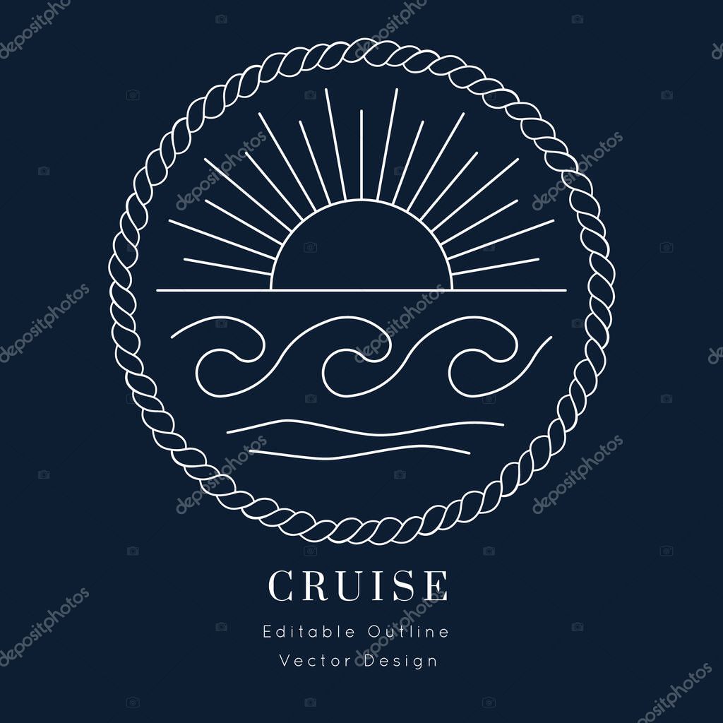 Water Waves Nautical vector icon. white on navy blue.Sea and ocean design.Template for logo or branding.Sailor cruise, yacht club, business identity, menu, card design.Editable line