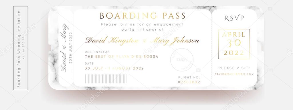 Destination Wedding Marble  Passport Invitation Vector Set.Boarding Pass ticket template.Modern luxury design.