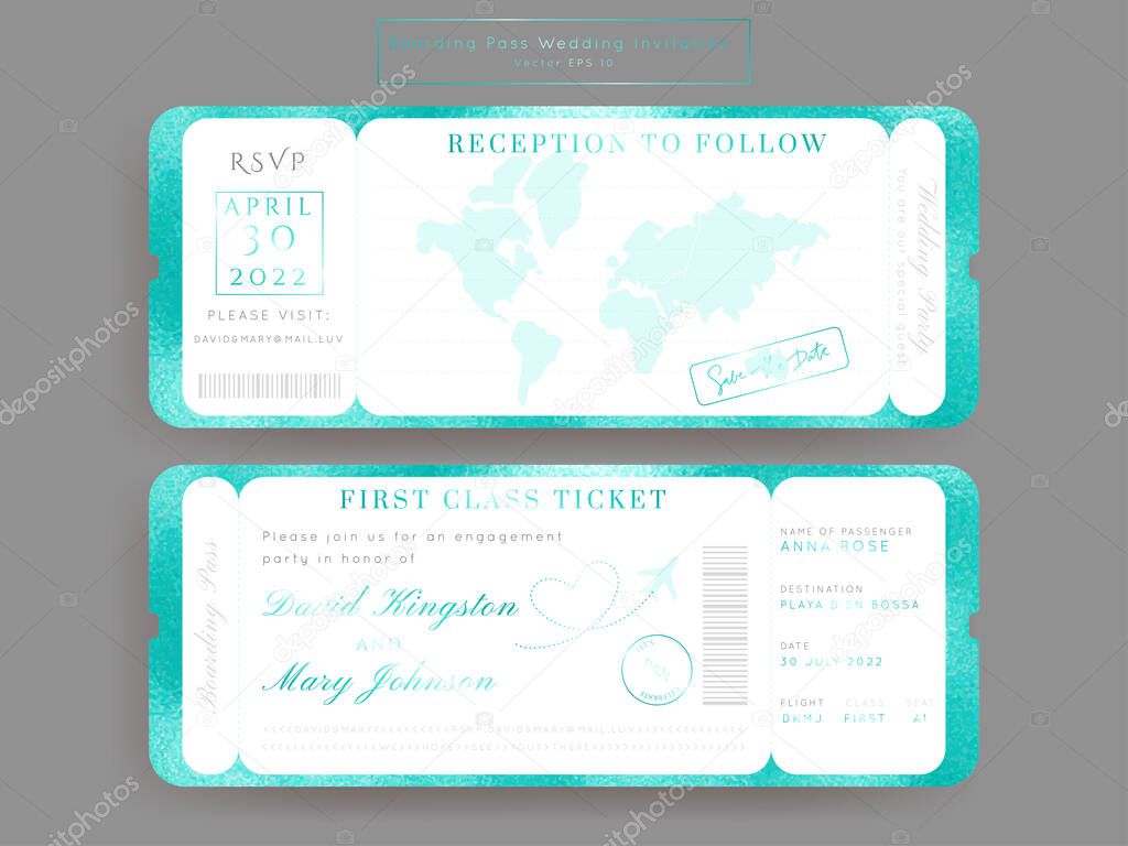 Destination Wedding Passport Turquoise Golden Foil Invitation Vector Set.Boarding Pass ticket template.Modern luxury design.