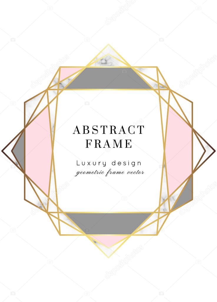 Vector marble modern wedding invitation template. Geometric shape frame with space for text.Luxury classy Yellow Gold design with rose and gray triangles.Brochure, flyer, cover, poster, card, logo, business identity style.