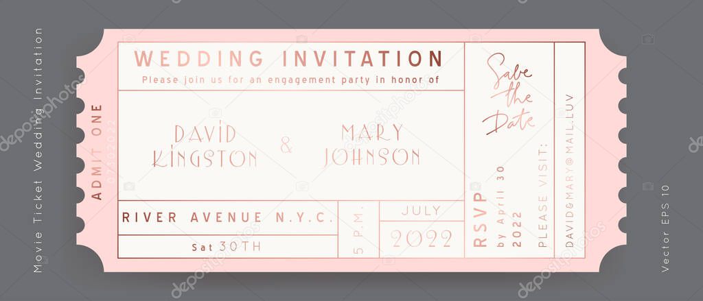 Rose Gold Foil Movie Ticket. Wedding Invitation Vector Design.Vintage luxury design.Admission vip ticket of circus,party,cinema,theater,concert.Coupons template ticketing label with seat numbers.