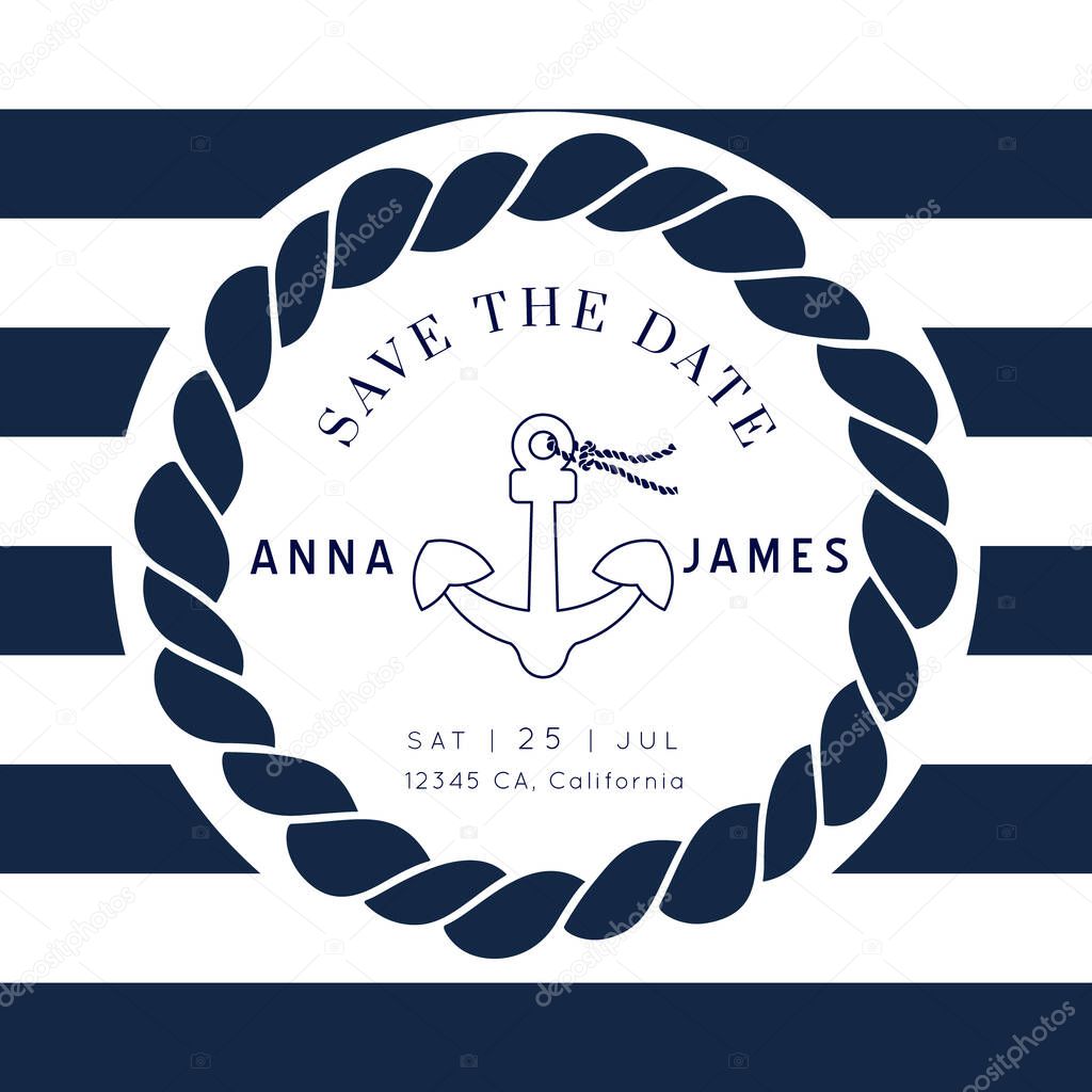 Nautical Wedding Invitation vector template.Boat sailor theme.Classic marine stripes vintage style.Elegant sea invite card overlay in white and navy blue colors.
