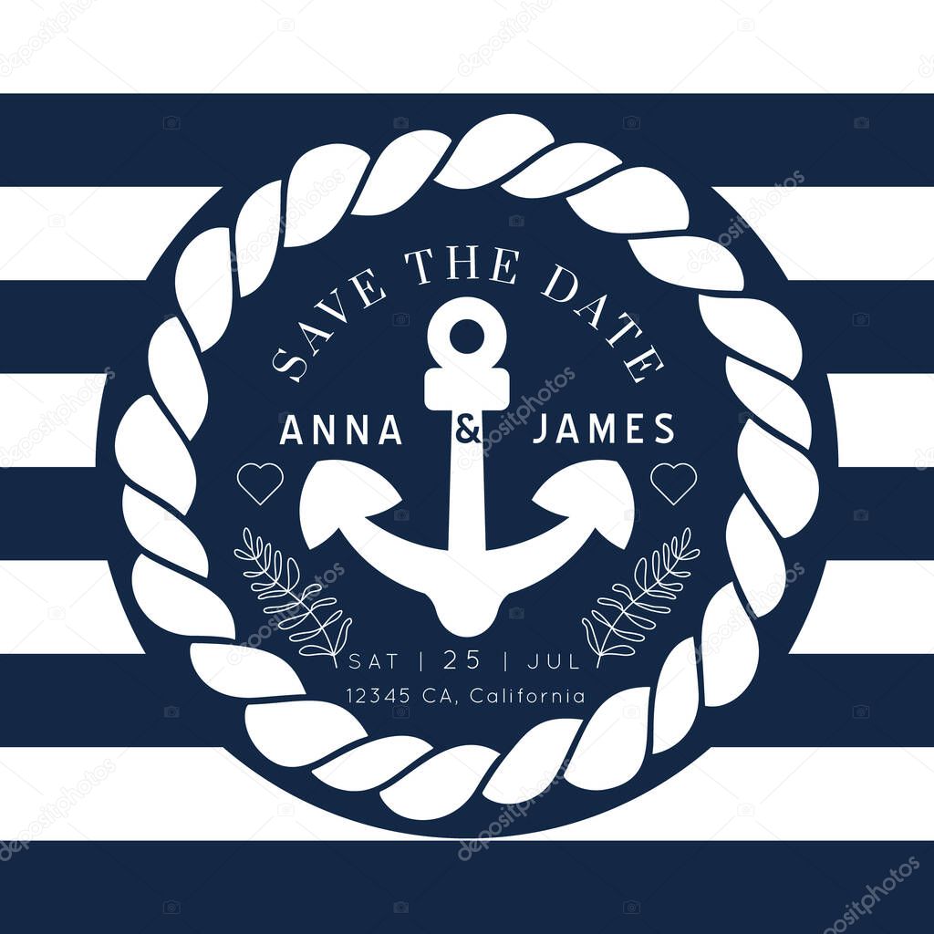 Nautical Wedding Invitation vector template.Boat sailor theme.Classic marine stripes vintage style.Elegant sea invite card overlay in white and navy blue colors.
