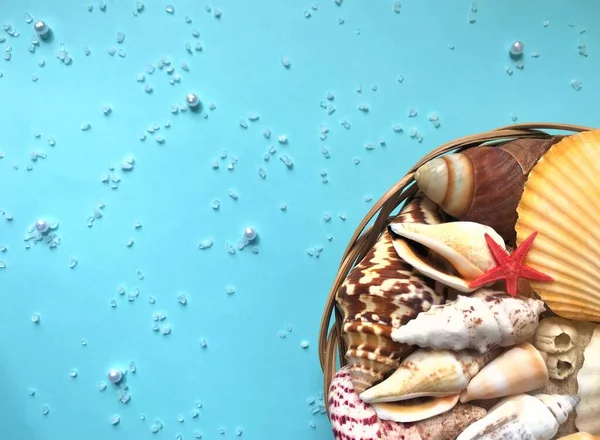 A lot of exotic colored seashells and a small starfish lie in a basket in the lower right corner on a bright blue, turquoise background with scattered white crystals, pearls and a place for text